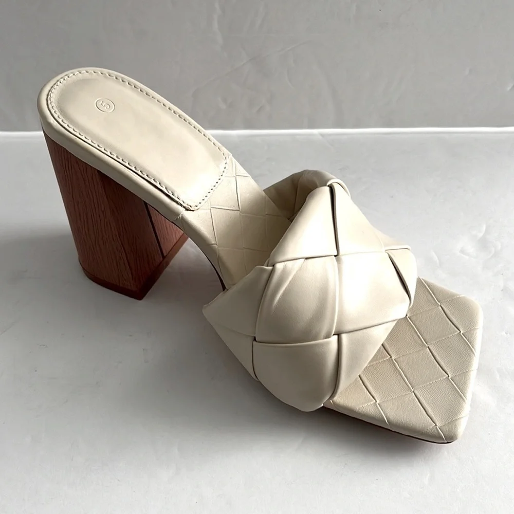 Womens Basket Weave Open Square Toe Block Heel Sandals Slides Pumps Size 5 NWT - Picture 3 of 8